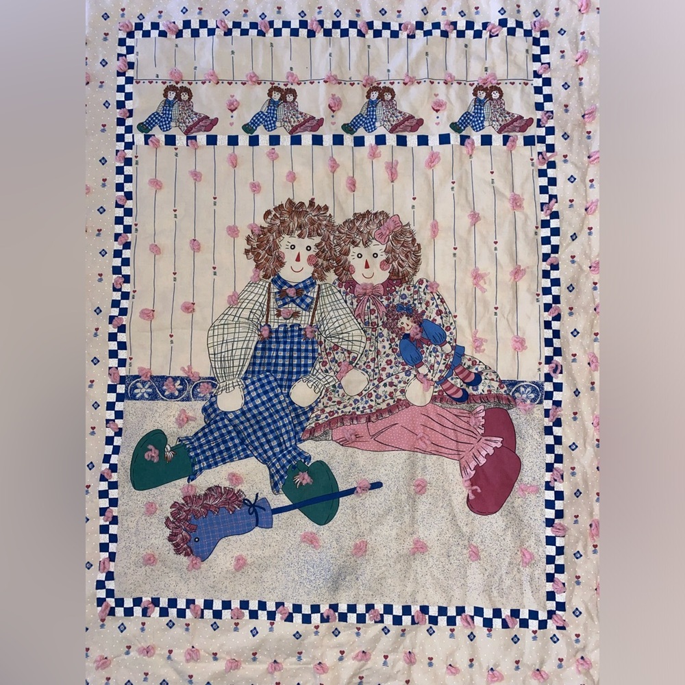 Vintage Raggedy Ann and Andy Tied Baby Quilt with Pink back